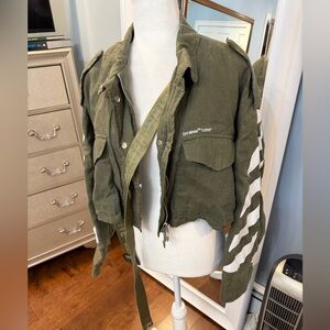 Off-White Olive Green Cropped Jacket with White Stripes